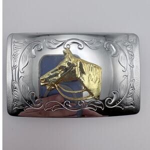 Silver-Tone Embossed Belt Buckle with Gold-Tone Horse Silhouette